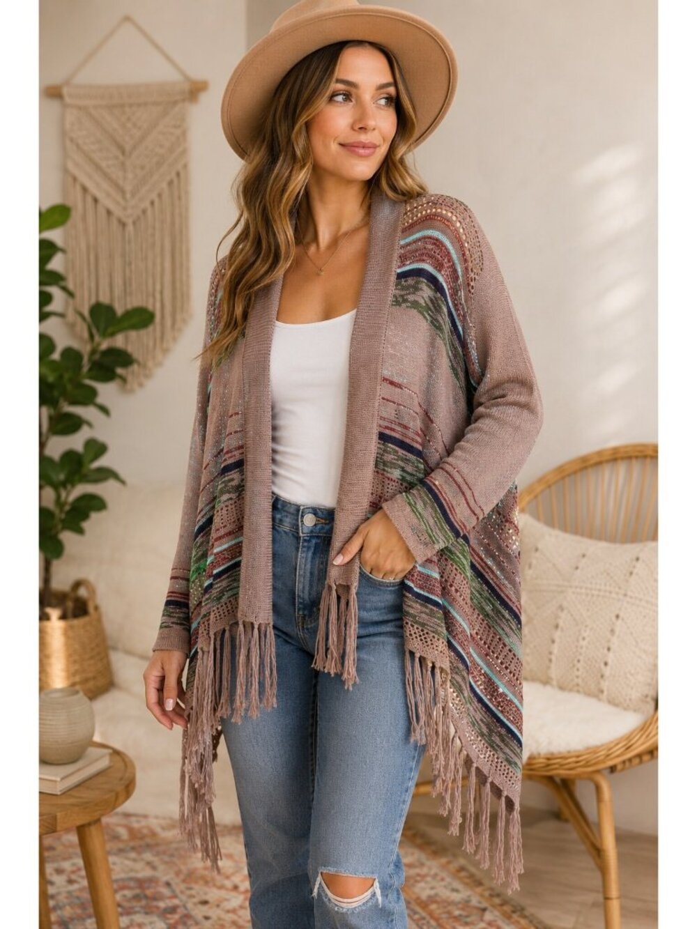 NWT Umgee Womens M Boho Open Front Knit Cardigan Fringe Multicolor Striped